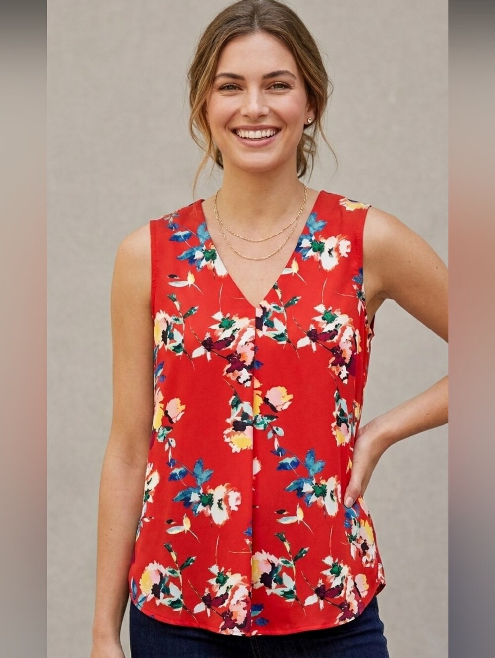 Rose + Olive Vibrant Red Floral V-Neck Sleeveless Blouse, Pleated top, size M